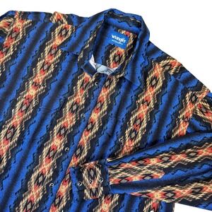 Vintage Wrangler Shirt Mens XL Blue Orange Aztec Snap Western Rodeo Cowboy